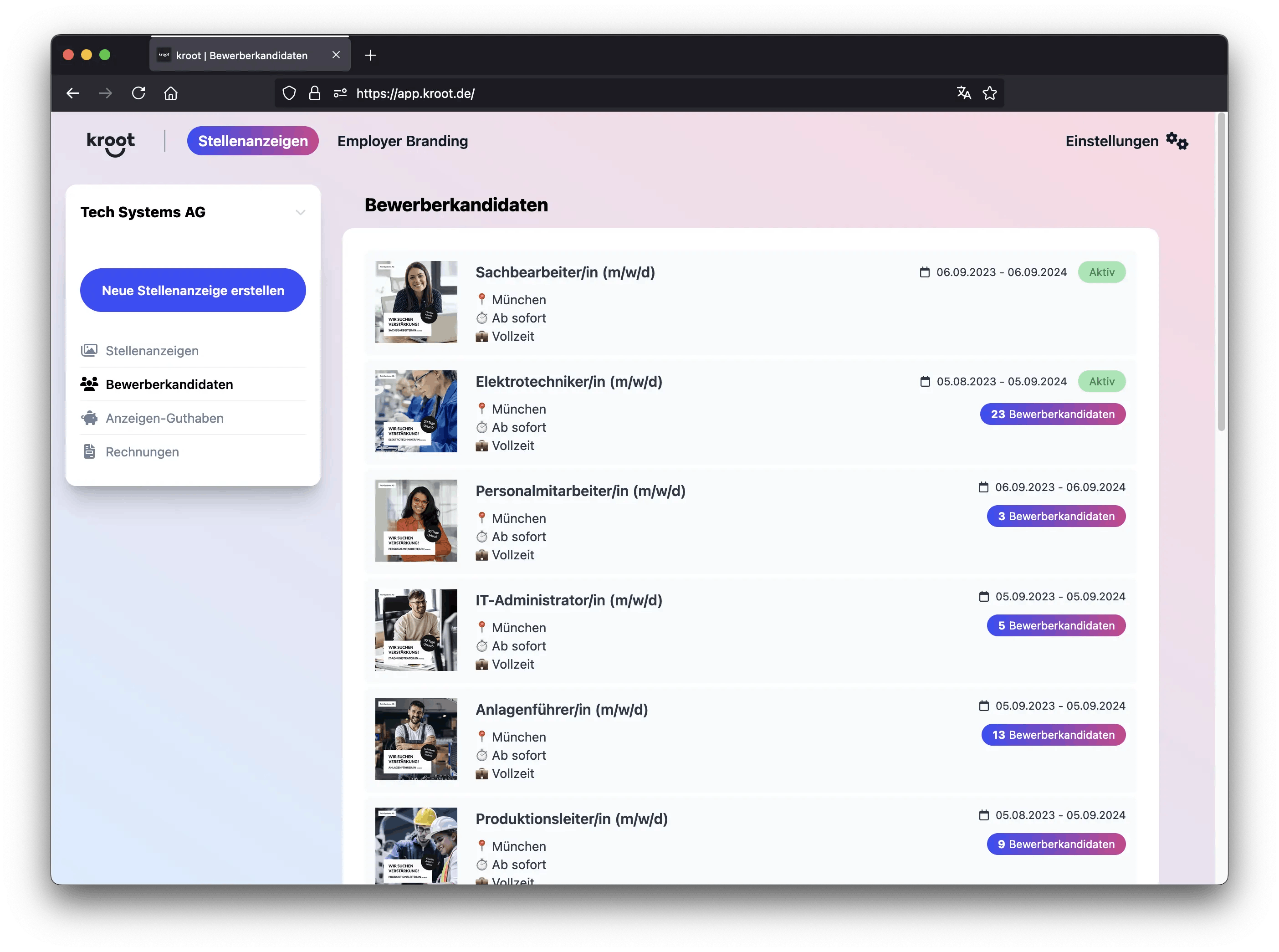 Übersicht über aktive Stellenanzeigen mit Anzahl der Bewerber:innen